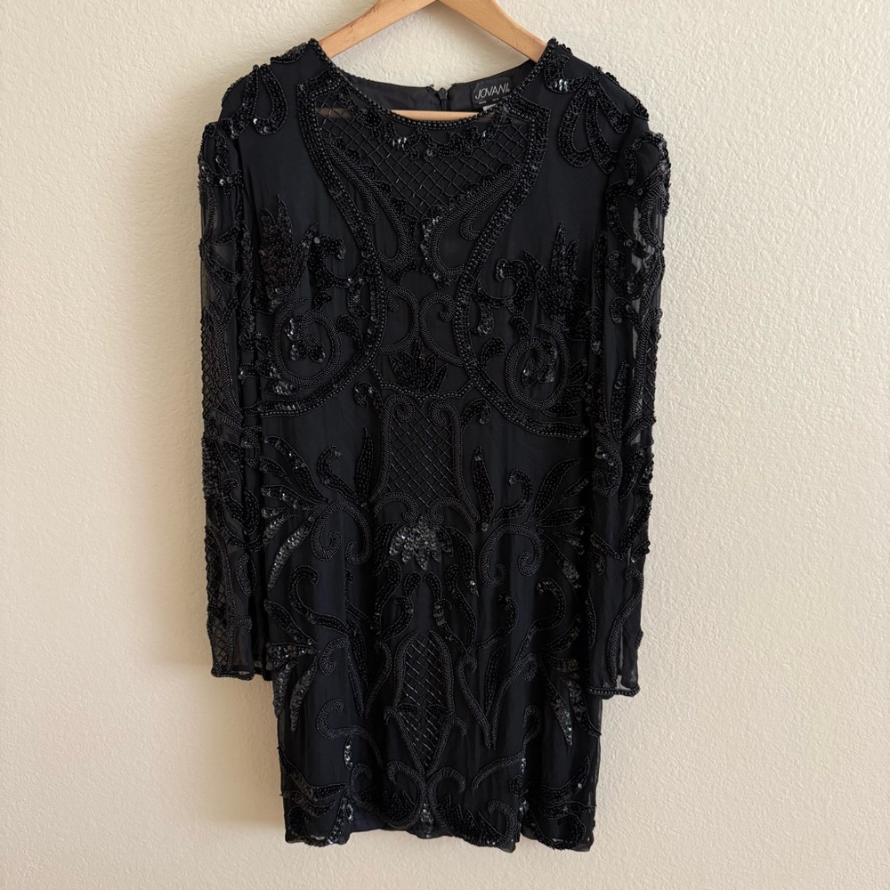 Jovani Black Long Sleeve Beaded Silk Cocktail Dress Size XXL